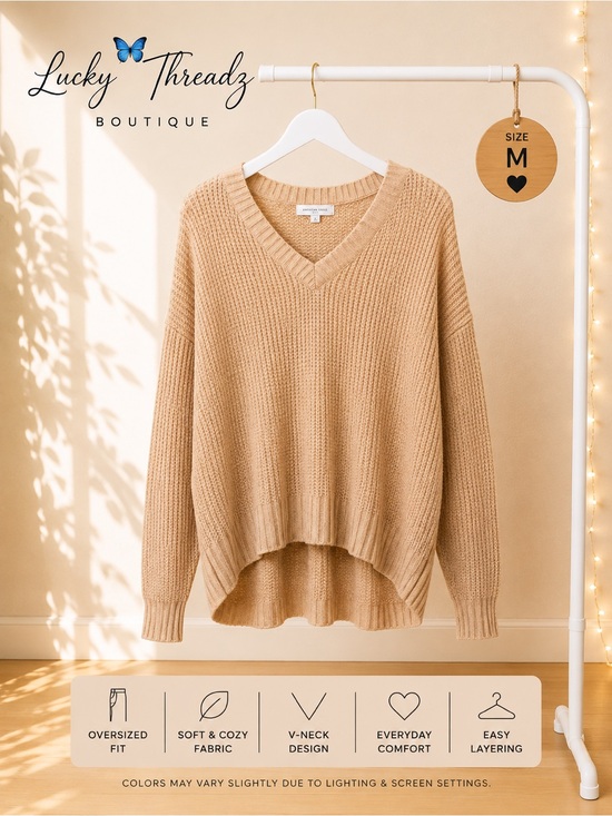 American Eagle Outfitters Sweaters - American Eagle Oversized V-Neck Knit Sweater Tan Beige High Low Hem Medium